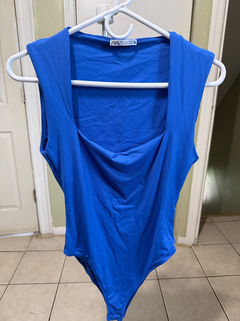 Zara Cobalt Blue Sleeveless Draped-Neck Bodysuit